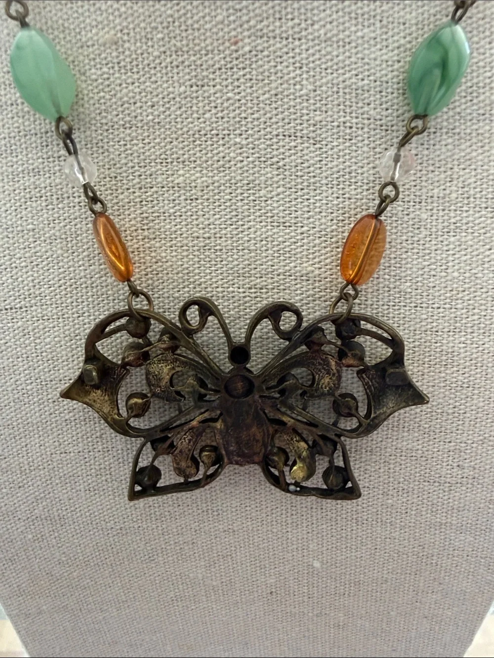 Vintage Butterfly Pendant Necklace with Green & Orange Glass Beads. - Picture 6 of 6